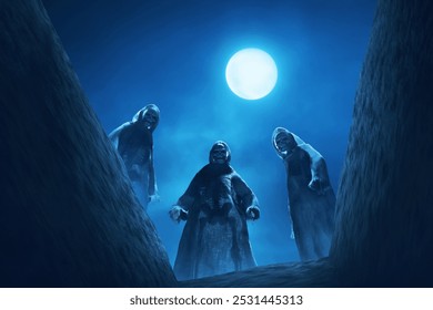 Skupina koscov na cintoríne s hmlou a mesiacom, téma Halloween