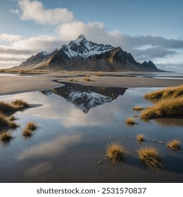 Vestrahorn is een prachtige berg in IJsland die bekend staat om zijn dramatische pieken en ruige schoonheid. Wanneer het weerspiegeld wordt in het kalme water van het zwarte zandstrand eronder, creëert het grillige silhouet een spiegel-