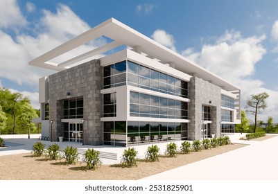 Beautiful New Contemporary Commercial Office Building. 3D Rendering.