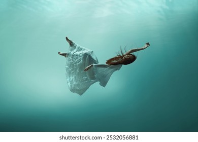 Magie et mystère cachés sous l'océan. Une jeune fille élégante lévite sous l'eau, trouvant la paix et le calme. Concept de surréalisme, de beauté, de mystère et de fantaisie, de liberté