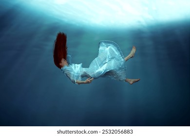 Apesanteur. Jeune fille aux cheveux roux, en robe, tombant gracieusement dans l'océan, montrant la vie éternelle dans un environnement marin. Concept de surréalisme, de beauté, de mystère et de fantaisie, de liberté