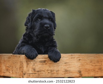 黒い子犬のロシアンブラックテリア、ニューファンドランドが秋に木箱に座っている