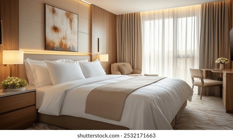 O cameră de hotel modernă și confortabilă, cu un pat mare cu lenjerie albă impecabilă, perne moi și o pătură bej.