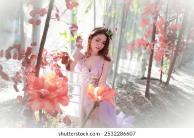 A woman in a pastel dress with butterfly hair accessories sits gracefully in a dreamy, nature-filled setting, surrounded by vibrant flowers and soft sunlight.
