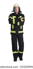 Full length portrait of firefighter in uniform and helmet on white background