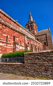 Orkney, Scotland - August 6, 2024: Exteriors of the St. Magnus Cathedral in Kirkwall on the island of Orkney in Scotland