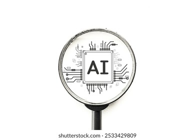 흰색 배경 위에 돋보기 모양의 AI 아이콘과 단어가 있는 인공지능에 대한 아이디어, 플랫 레이 디자인.