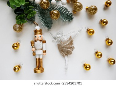 christmas card for children. ballerina and nutcracker figurine on christmas tree