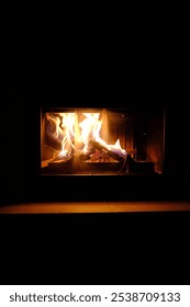 Un fuego cálido y crepitante arde dentro de una chimenea, proyectando un brillo acogedor en la oscuridad.