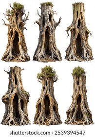 Una serie di alberi con tronchi cavi, ognuno con una dimensione e una forma diverse. Gli alberi sono tutti allineati, alcuni più alti degli altri. La scena è di bellezza naturale e serenità