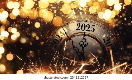 Staré hodiny ukazující na rok 2025 na černém pozadí se zlatými bokeh světly a třpytkami, koncept. Nový rok 2025, kreativní nápad.