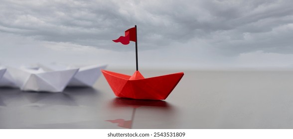 Konsep Kepimpinan dengan Bot Kertas. Set kapal origami berwarna-warni pada latar belakang hitam. Persaingan perniagaan, Konsep Kepimpinan dengan kapal kertas merah terkemuka di kalangan putih.