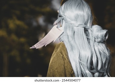 Anime style, cosplayer girl in a blue wig.