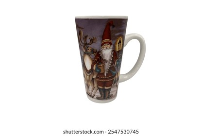 mug keramik tinggi dengan desain Natal yang meriah. Mug ini menampilkan Sinterklas berjalan dengan dua rusa kutub di tengah pemandangan musim dingin yang bersalju. Mug ini sangat cocok untuk menampung minuman panas selama musim liburan.