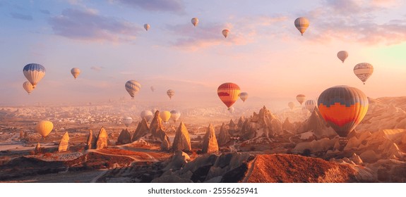 Türkiye seyahat afişi, Kapadokya'da rengarenk sıcak hava balonuyla muhteşem gün doğumu manzarası.
