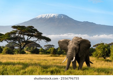 Arka planda Kilimanjaro Dağı'nın bulunduğu Afrika savanında bir fil.