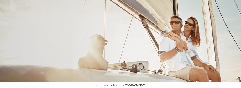 Travel, sailing and couple on boat at sunset for cruise on holiday, vacation and journey. Happy, banner space and man and woman on yacht, luxury transport and ship for adventure, tourism and bonding