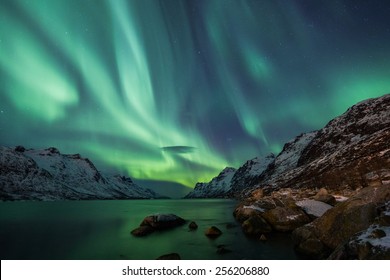 Unglaubliche Aurora Borealis-Aktivität über der Küste in Norwegen
