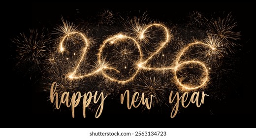 Bonne année, réveillon du Nouvel An, Silvester, nouvel an, carte de vœux de célébration, carte de nouvel an - Année 2026 en police de cierge magique et feux d'artifice pyrotechniques, isolés sur fond de ciel nocturne noir
