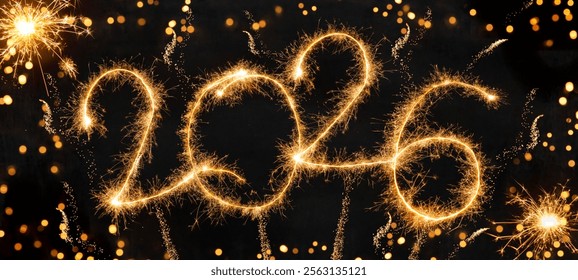 šťastný nový rok, Silvestr, Silvestr, nový rok, oslavné blahopřání, novoroční přání - text s písmem prskavky pro rok 2026 a pyrotechnický ohňostroj, izolovaný na pozadí černé noční oblohy