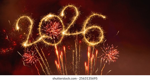 šťastný nový rok, Silvestr, Silvestr, nový rok, oslavné blahopřání, novoroční přání - rok 2026 písmem prskavka a pyrotechnický ohňostroj, izolovaný na pozadí černé noční oblohy