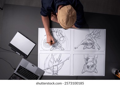 Hand Drawing Manga Anime Comic For Kids. Cartoon Storyboard