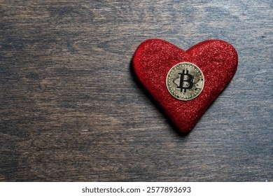 Kırmızı kalp üzerinde metalik altın rengi Bitcoin, yakın çekim, metin ekleme alanı, üstten görünüm. Zenginlik ve para tutkusu. Ahşap zemin üzerinde kırmızı kalp üzerinde Bitcoin.