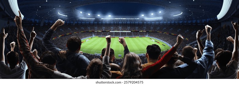 L'énergie du football. Des supporters passionnés lèvent les bras et encouragent leur équipe sous les projecteurs du stade. Un match dynamique. Concept de tournoi, d'excitation, d'émotions, de culture sportive et d'événement. Bannière