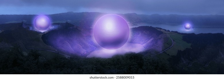 Imej komposit. Tiga sfera pendarkilau terapung di lembah berkabus mencipta suasana misteri dengan cahaya ungu lembut. Konsep tenaga surealis, gaya futuristik, alam semula jadi, kehadiran makhluk asing.