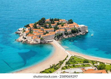 Scenic views of Sveti Stefan's peninsula in Montenegro, a stunning holiday destination with panoramic seaside vistas.