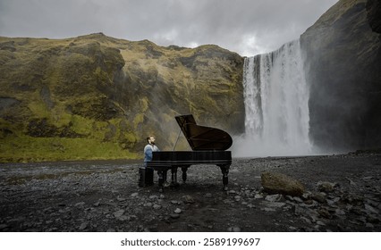 Steinway-Flügel mit Pianist vor dem Skógafoss-Wasserfall, Island
