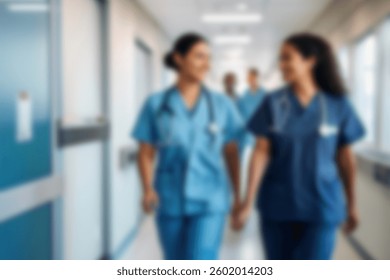Fundo desfocado. Figuras desfocadas de médicos e enfermeiros em um corredor de hospital. Médicos e enfermeiros caminhando no corredor do hospital. Movimento desfocado. Figura humana em movimento no corredor da clínica.