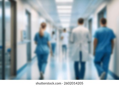 unscharf für den Hintergrund. Unscharfe Figuren von Ärzten und Krankenschwestern in einem Krankenhausflur. Ärzte und Krankenschwestern gehen im Krankenhausflur. Unscharfe Bewegung. Sich bewegende menschliche Figur im Klinikflur