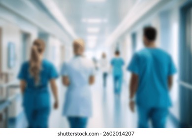 unscharf für den Hintergrund. Unscharfe Figuren von Ärzten und Krankenschwestern in einem Krankenhausflur. Ärzte und Krankenschwestern gehen im Krankenhausflur. Unscharfe Bewegung. Sich bewegende menschliche Figur im Klinikflur