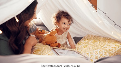 Tent, baby and mother with tablet, smile and bonding together with happiness, internet and love. Family, parent and mama with kid, online games and child development with weekend break, joy and home