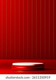 3D rendering of rounded red base with white bearing. Chinese New Year Celebration. red background with small vertical gold poles