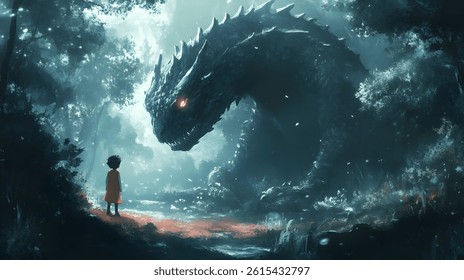 A obra de arte retrata uma criança pequena, aparentemente destemida, em pé diante de um dragão enorme e imponente dentro de uma floresta escura e encantada.