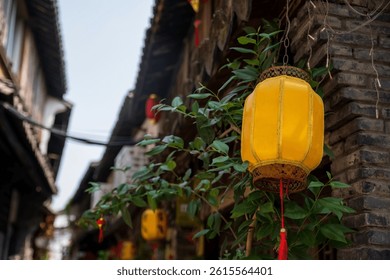 Yellow lantern hang on preserve houses of Zhujiajiao water town, Qingpu District, Shanghai, China. Famous travel destination known as Chinese Venice.