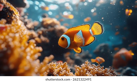 Um vibrante peixe-palhaço nada entre corais coloridos em um cenário subaquático de águas cristalinas.