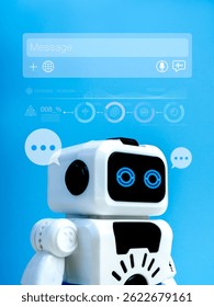 KI-Bot, Online-Kommunikatiouns-Chatbot-Service, Technologiekonzept fir d'Sichassistentin vun der kënschtlecher Intelligenz. Smarten, léiwen Roboter mat Gespréichssymbol a Leeschtungstabell op bloem Hannergrond.