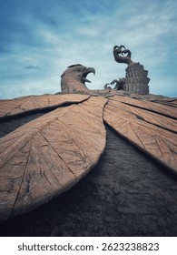 A icônica escultura de Jatayu no Centro da Terra Jatayu em Kerala, Índia. Esta enorme estátua de pássaro, inspirada na águia mítica da epopeia indiana Ramayana, é uma das maiores esculturas de pássaros do mundo.