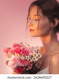 Un portret de studio elegant și visător al unei tinere frumoase care ține cu blândețe un buchet de flori proaspete. Fundalul roz pal și iluminatul cald și romantic îi scot în evidență trăsăturile delicate.