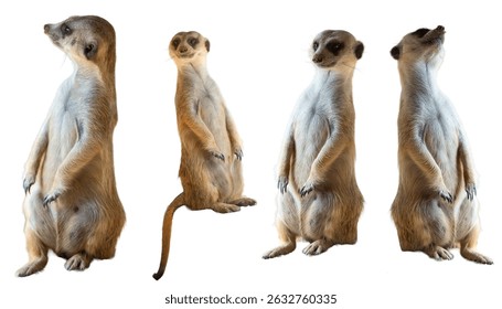 กลุ่ม Meerkat ที่น่ารักกำลังนั่งอยู่โดดเดี่ยวบนพื้นหลังสีขาว