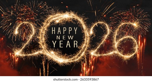 šťastný nový rok, Silvestr, Silvestr, nový rok, oslavné blahopřání, novoroční přání - text s písmem prskavky pro rok 2026 a ohňostroj, pyrotechnický ohňostroj, izolované černé pozadí noční oblohy