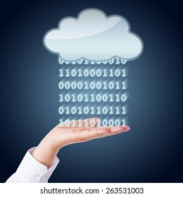 Daten in Form von digitalen Nullen und Einsen fließen zwischen einer leeren Wolke und einer offenen Handfläche eines Unternehmers. Metapher für Mobile Computing und Datenaustausch. Dunkelblauer Farbverlaufshintergrund.