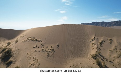 Wandelaars lopen over de top van een grote zandduin in een sereen woestijnlandschap en genieten van de uitgestrektheid en rust van de adembenemende schoonheid van de natuur.