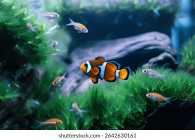 Un poisson-clown orange et blanc éclatant nage au milieu de plantes aquatiques d'un vert vif et de petits poissons dans un aquarium méticuleusement entretenu.