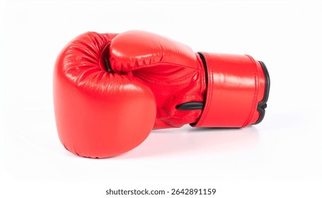 Single red leather boxing glove isolated on white. Close-up studio shot.