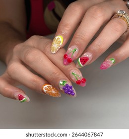 3d nail art themes for womens. new trendy nail atrs on young women hand. Pink, black, red, green, blue and purple color nails