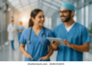 Fundo desfocado. Figuras desfocadas de médicos e enfermeiros em um corredor de hospital. Médicos e enfermeiros caminhando no corredor do hospital. Movimento desfocado. Figura humana em movimento no corredor da clínica.